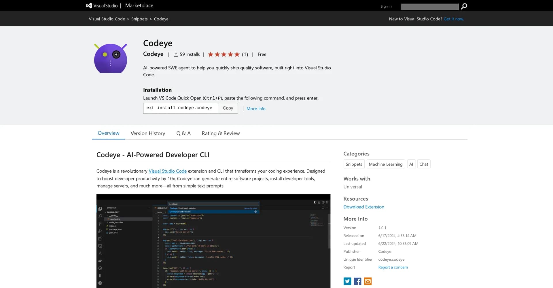 Codeye homepage screenshot — AI-powered SWE agent for faster, quality software shipping