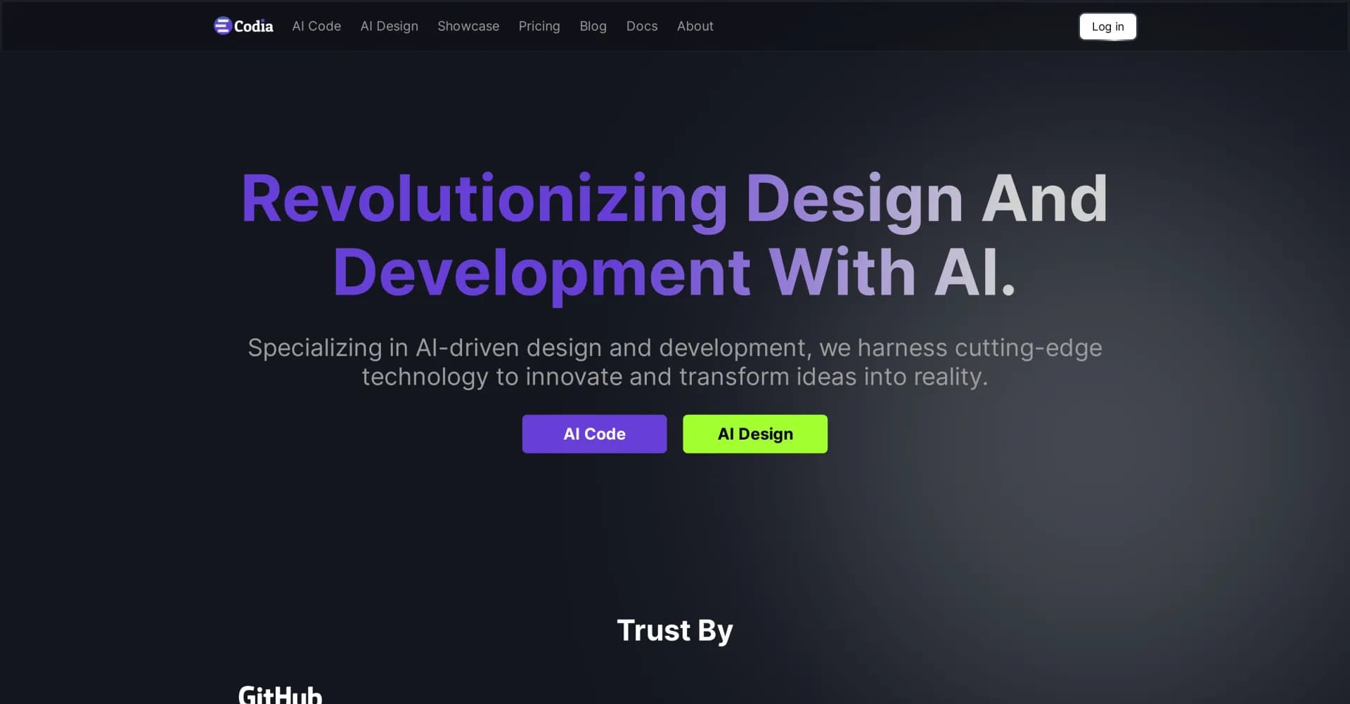 Codia homepage screenshot — Transform ideas into reality with AI-driven design tools