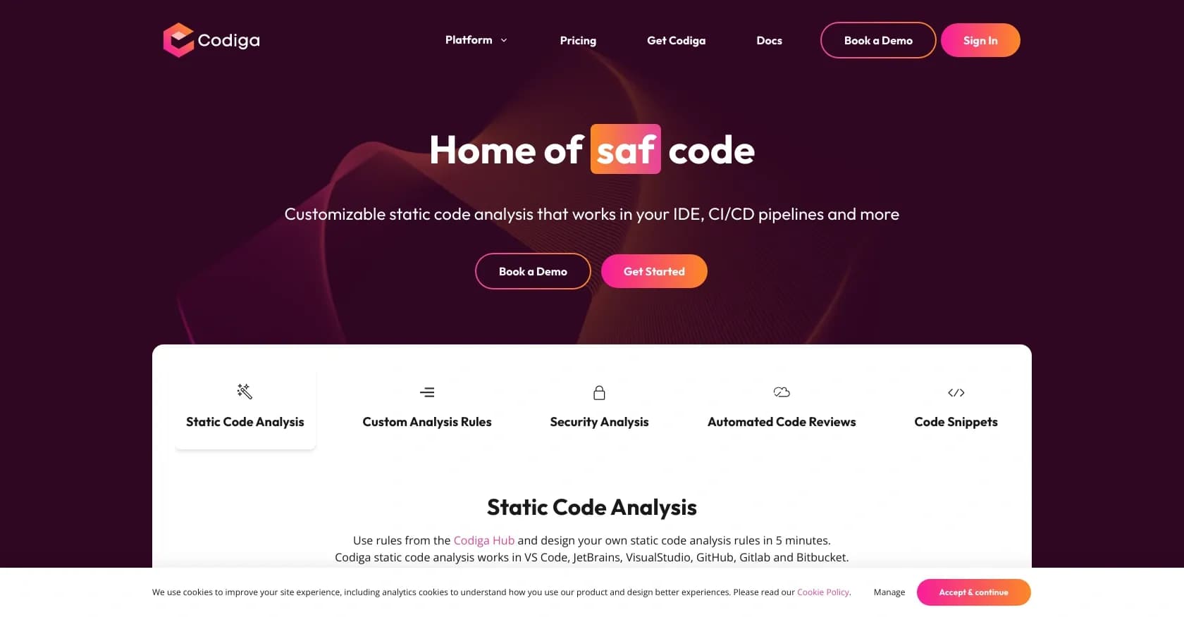 Codiga homepage screenshot — Customizable static code analysis for your favorite IDE.