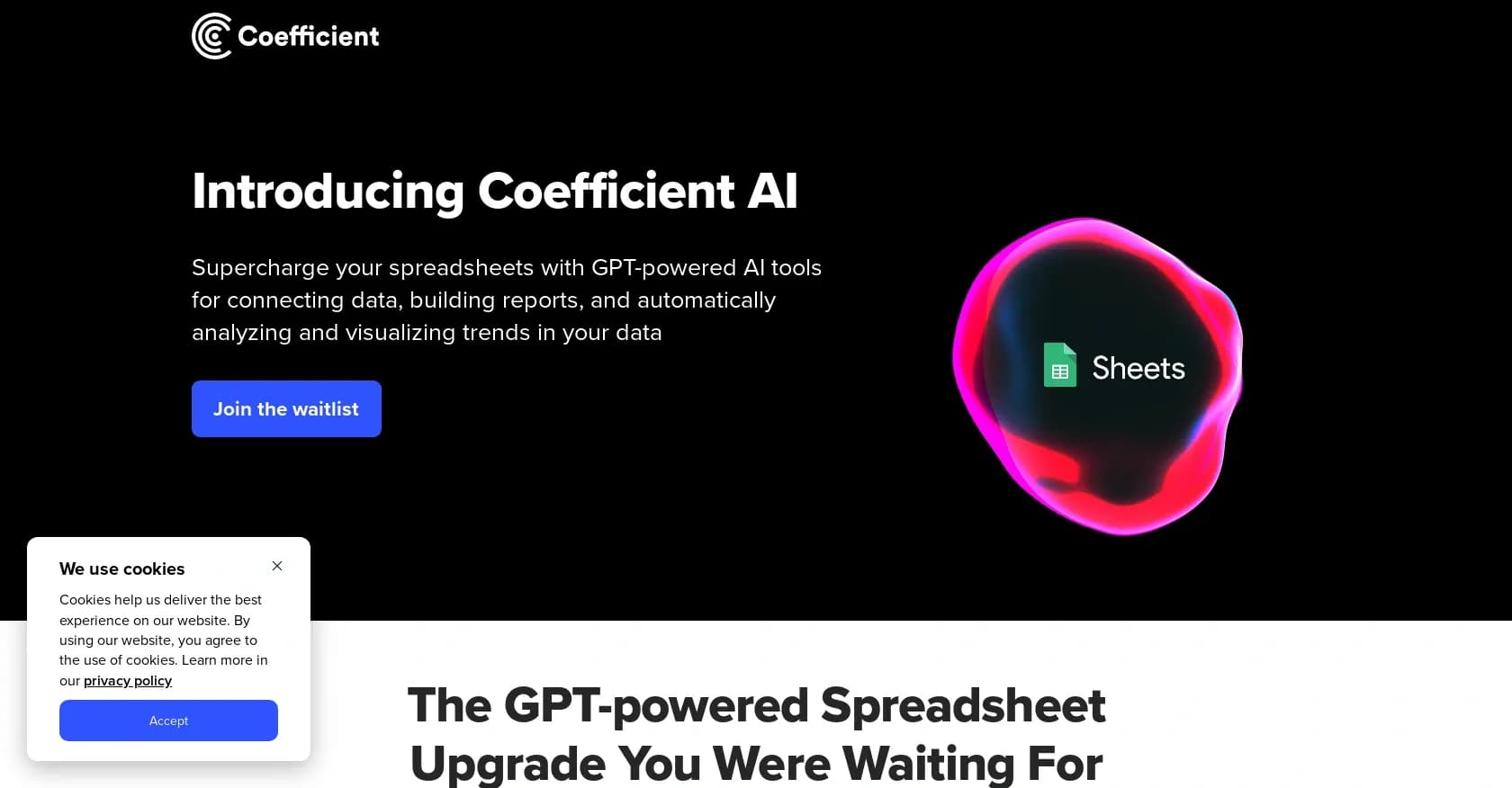 Coefficient homepage screenshot — Supercharge spreadsheets with GPT-powered AI tools