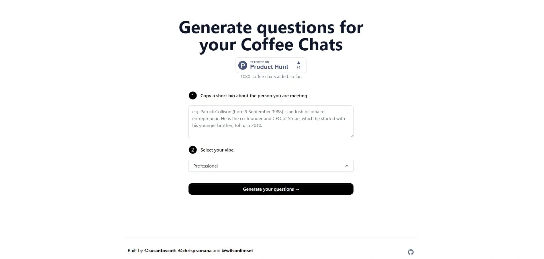 CoffeeChat AI homepage screenshot — Generate engaging questions for your coffee chats.