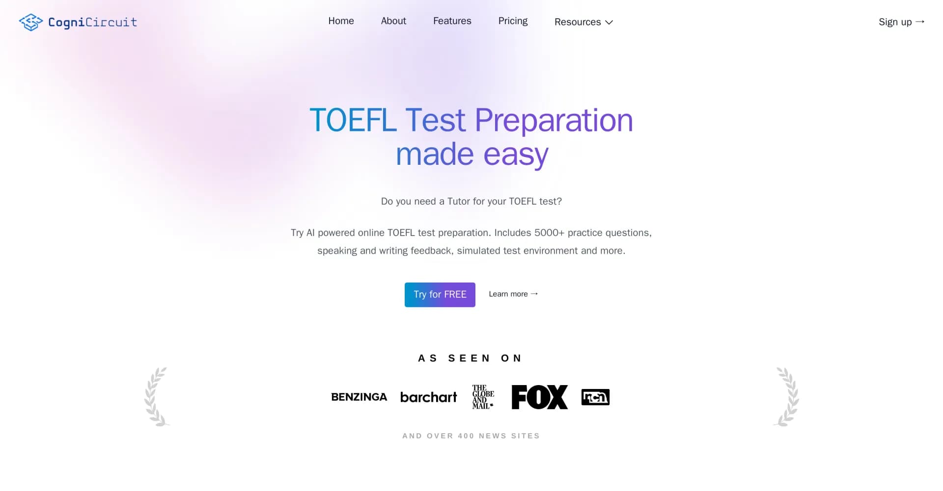 CogniCircuit AI homepage screenshot — AI-powered TOEFL prep: Practice, feedback, and simulated tes