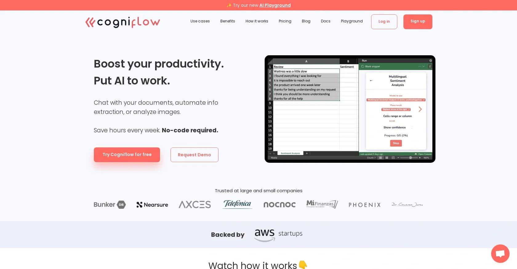Cogniflow homepage screenshot — Boost productivity with no-code AI automation.