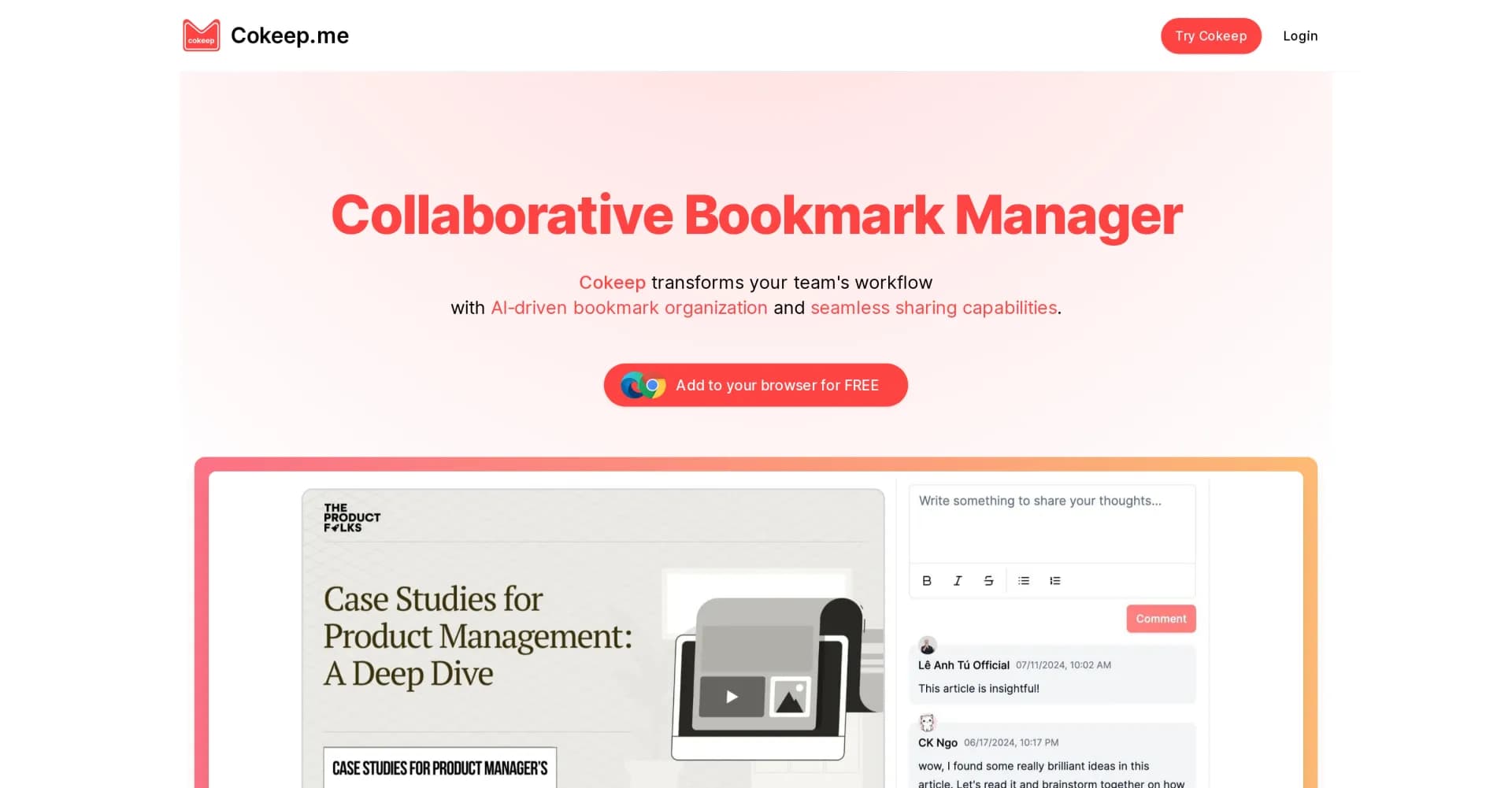 Cokeep homepage screenshot — AI-driven collaborative bookmark management for teams