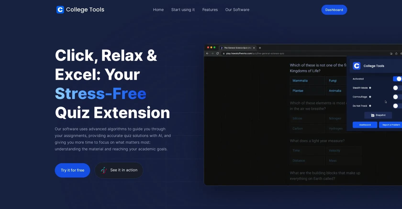 College Tools homepage screenshot — AI-powered quiz assistant for stress-free learning