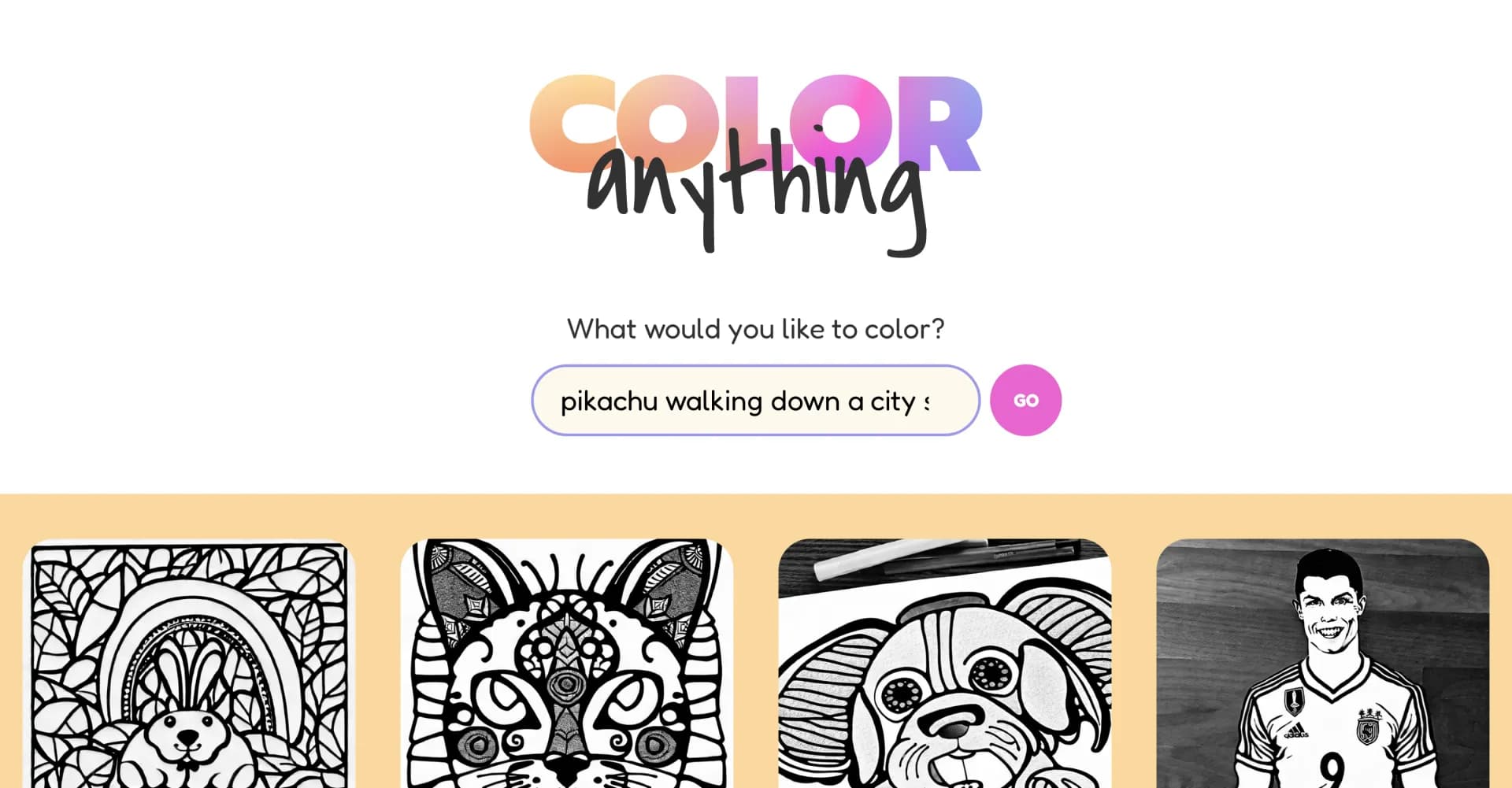Color-anything homepage screenshot — Create AI coloring pages from your imagination.