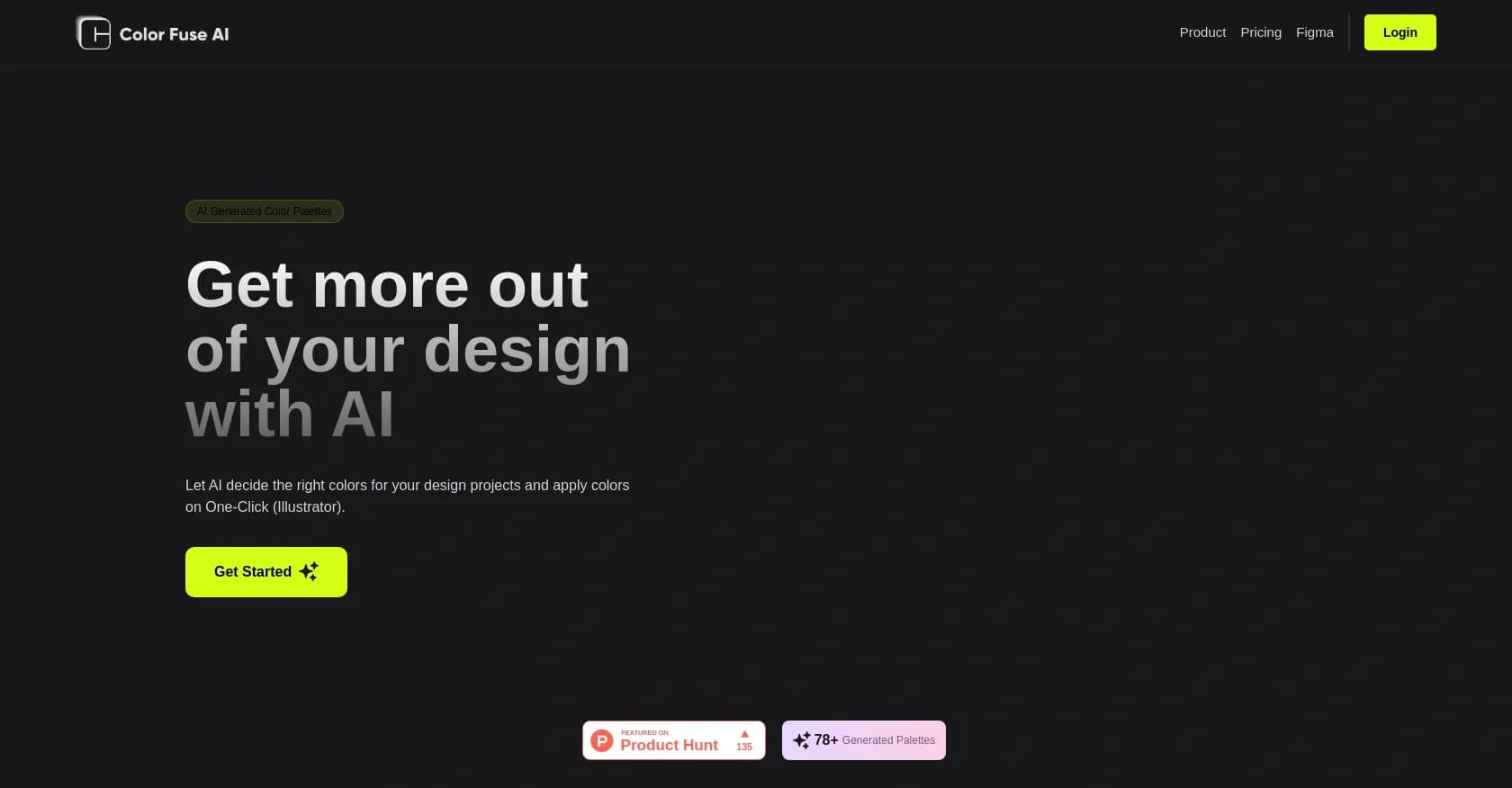 Color Fuse AI homepage screenshot — AI-powered color palettes for design projects.