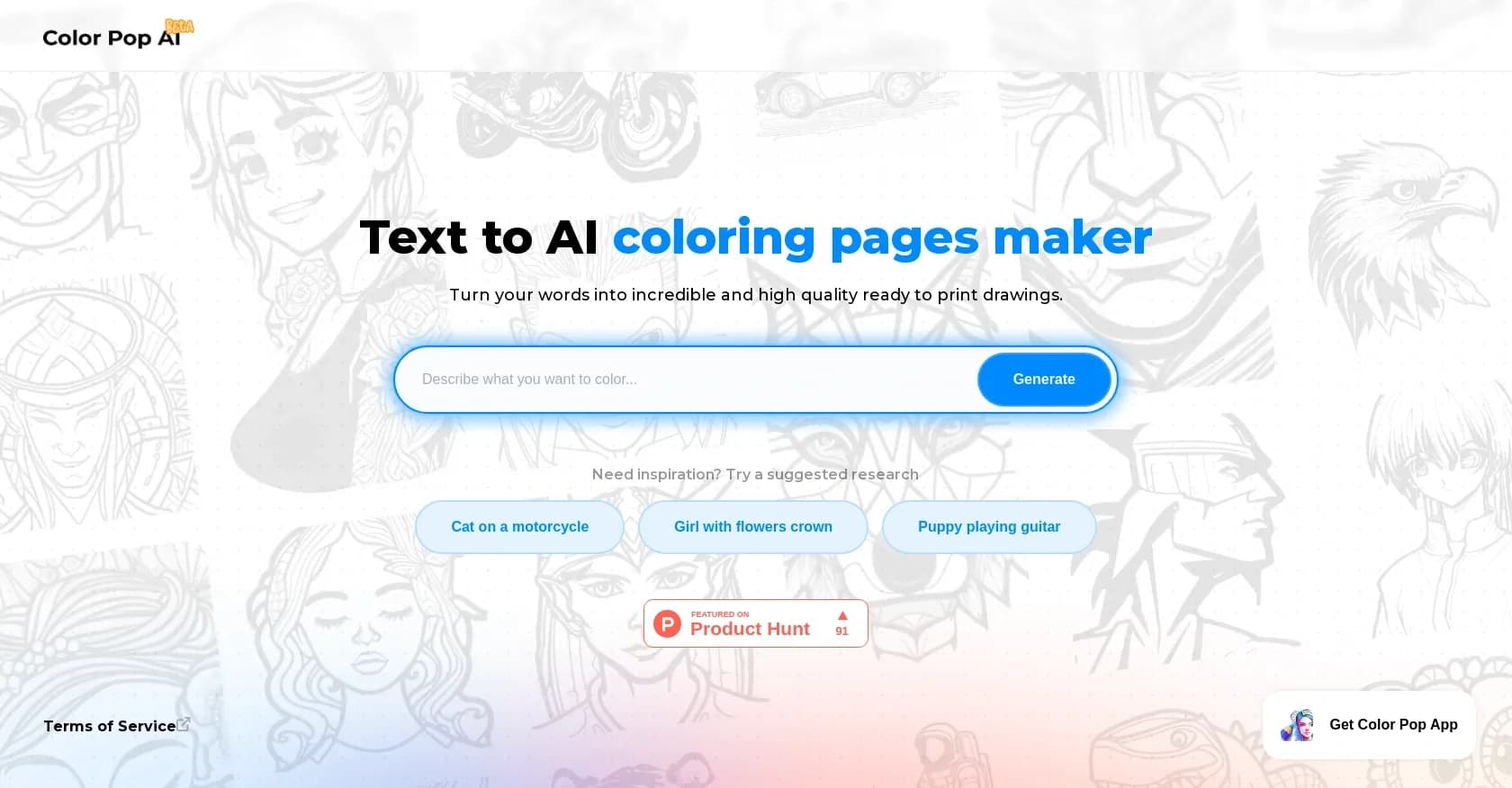 Color Pop AI homepage screenshot — Invent the future of coloring with AI-powered imagination.