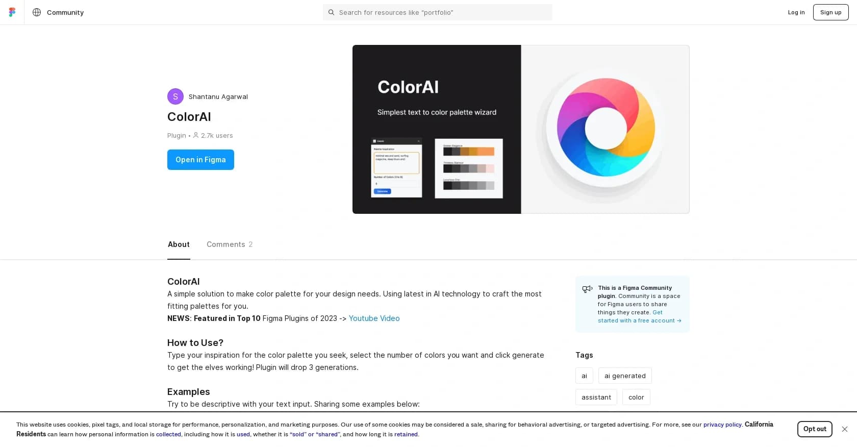 ColorAI homepage screenshot — AI-powered color palette generator for designers