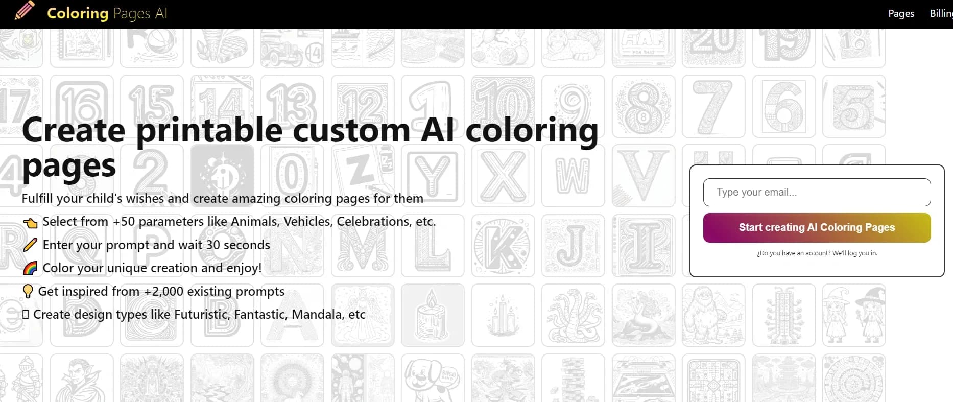Coloring Pages AI homepage screenshot — Create custom AI coloring pages for kids.