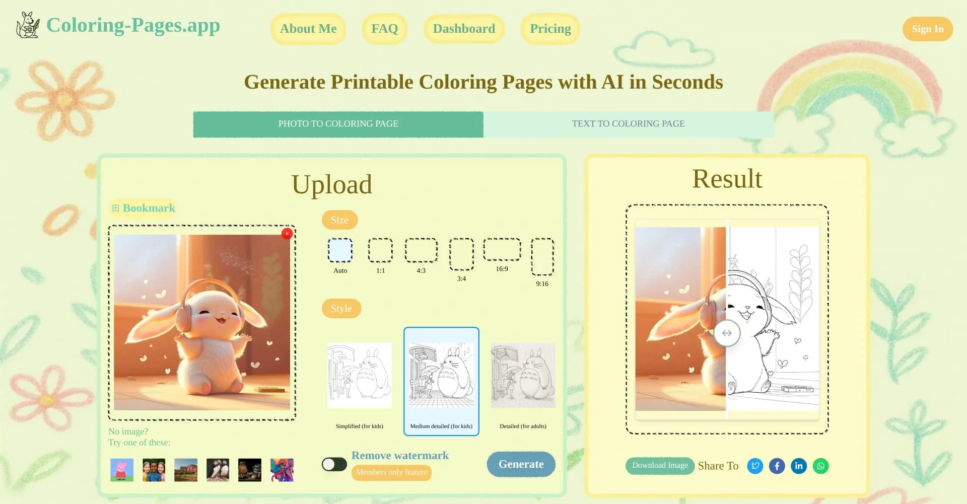 Coloring-Pages.app homepage screenshot — Generate printable coloring pages with AI in seconds.