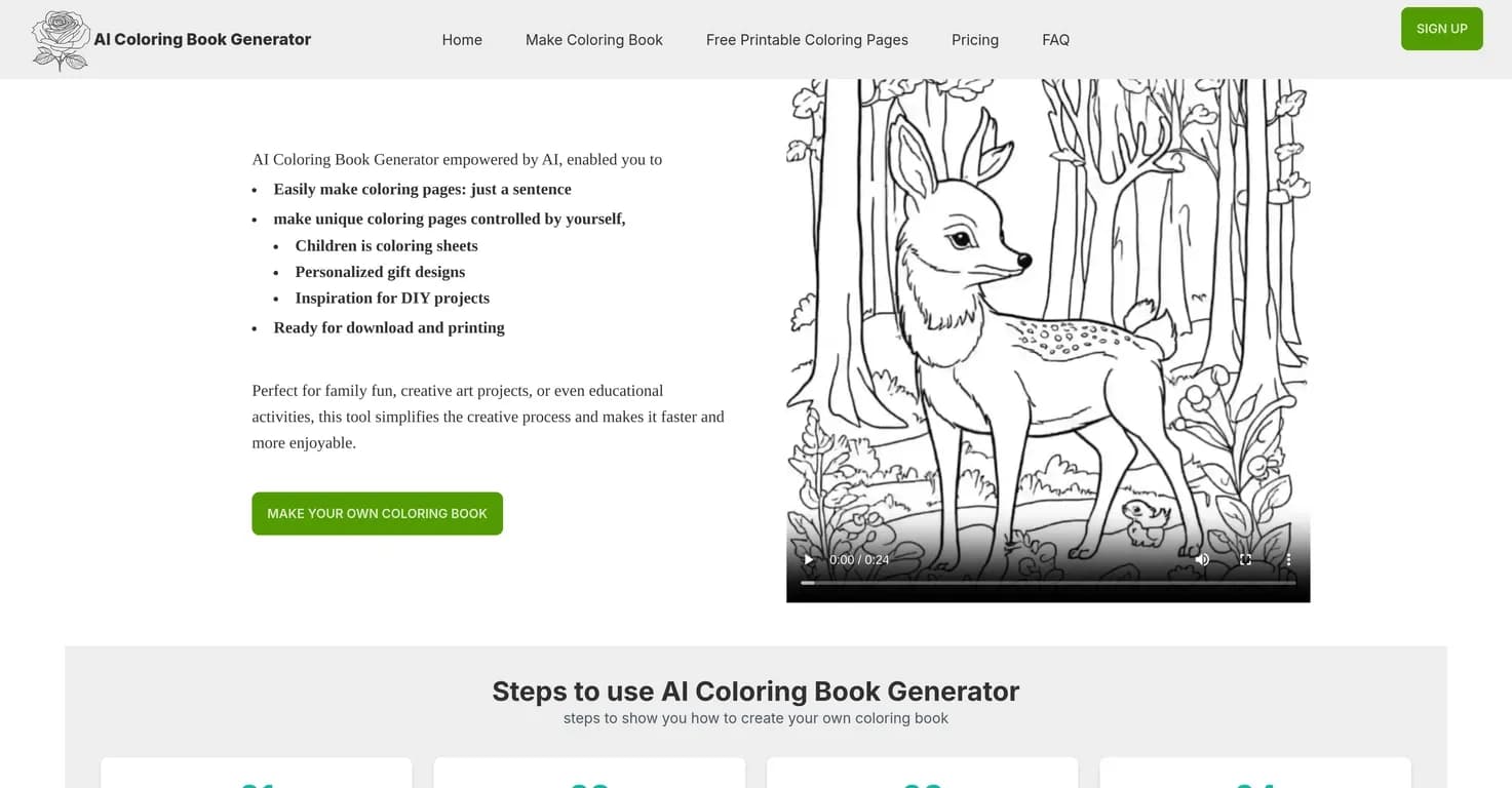 ColoringBookAI homepage screenshot — Create custom coloring pages with AI