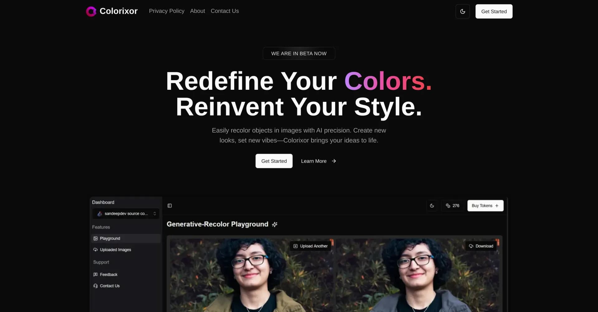 Colorixor homepage screenshot — Redefine colors, reinvent style with AI precision.