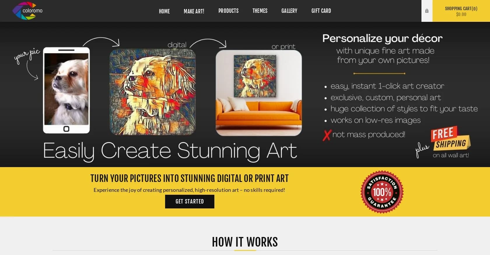 Coloromo AI Art Generator homepage screenshot — Turn photos into stunning AI-generated artwork
