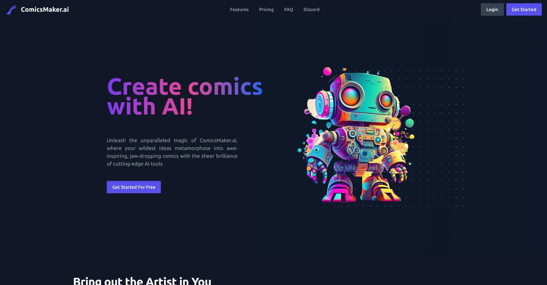 Comicsmaker homepage screenshot — Bring stories to life with AI-powered comics.