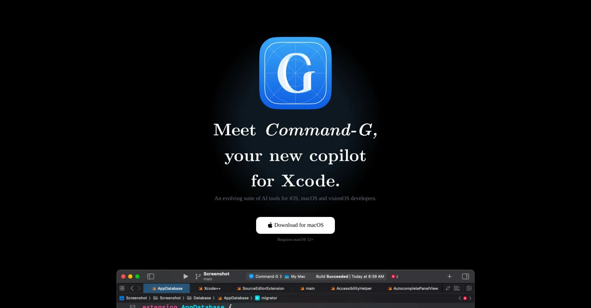 Command-G homepage screenshot — AI copilot for Xcode developers