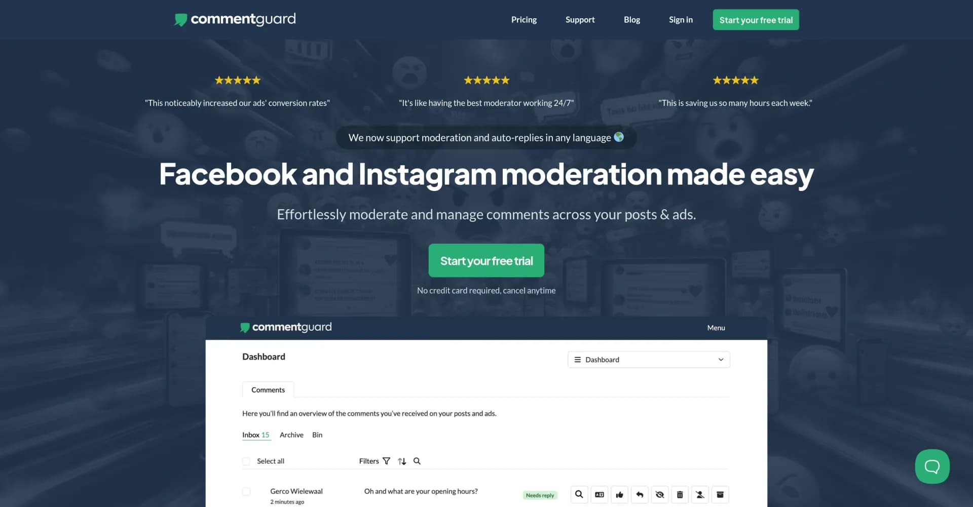 CommentGuard homepage screenshot — Effortlessly moderate Facebook and Instagram comments
