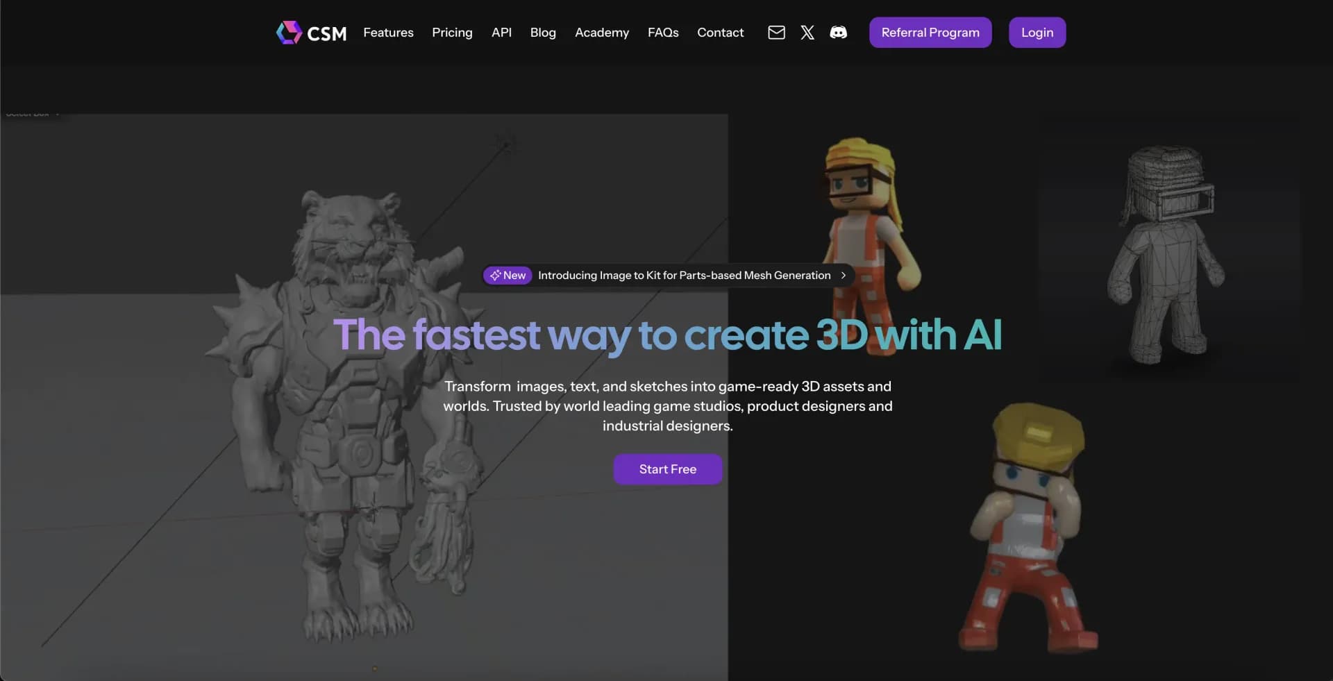 Common Sense Machines (CSM) homepage screenshot — Generate 3D worlds from images, text, or sketches.