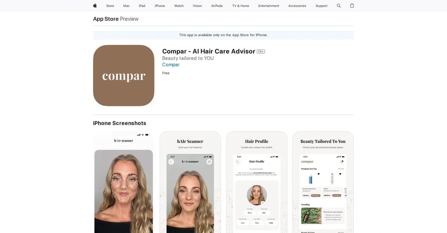 Compar - AI Hair Care Advisor homepage screenshot — AI-powered hair care product matchmaker