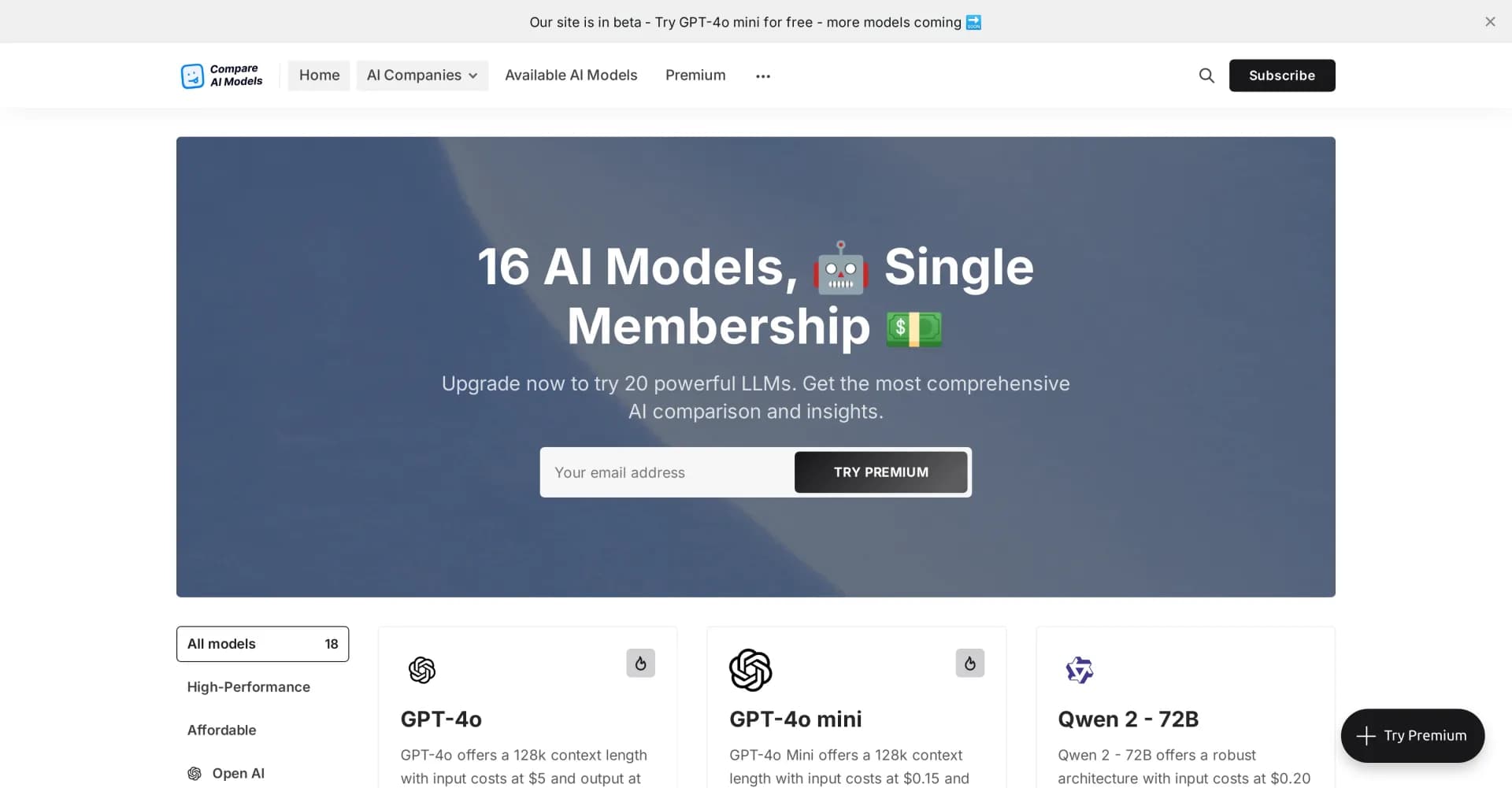 Compare AI Models homepage screenshot — Find the perfect AI model for your needs.