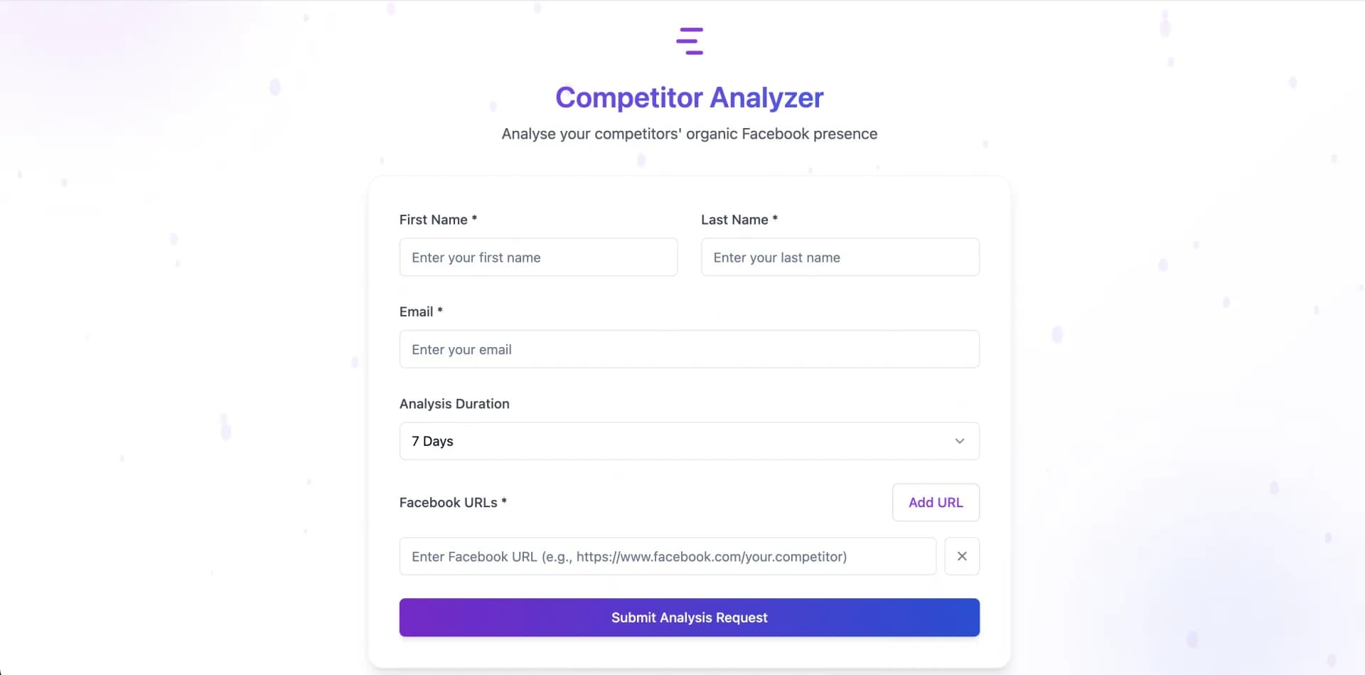 Competitor Analyzer homepage screenshot — Analyse your competitors' organic Facebook presence