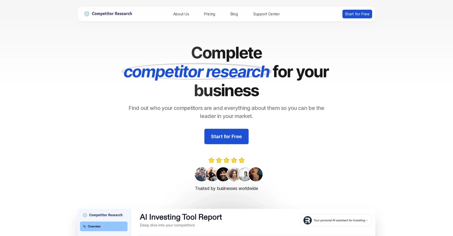 Competitor Research homepage screenshot — Find and research competitors to dominate your market.