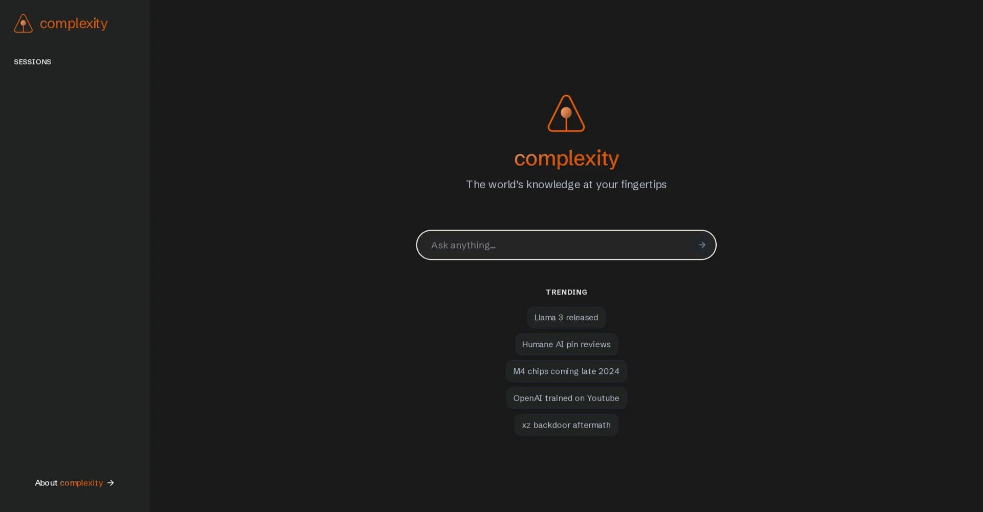 Complexity homepage screenshot — The world's knowledge at your fingertips