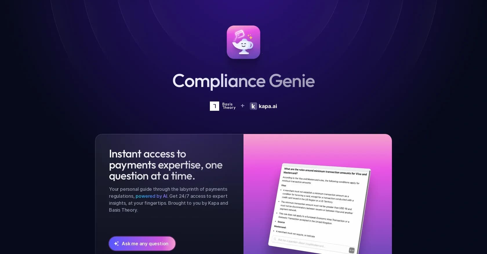 Compliance Genie homepage screenshot — Instant AI-powered payments compliance guidance