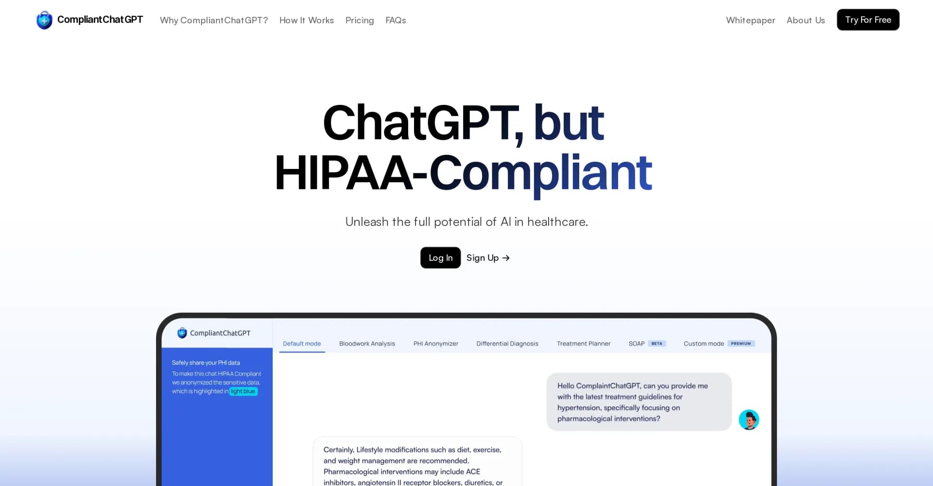 CompliantChatGPT homepage screenshot — HIPAA-compliant AI for healthcare professionals