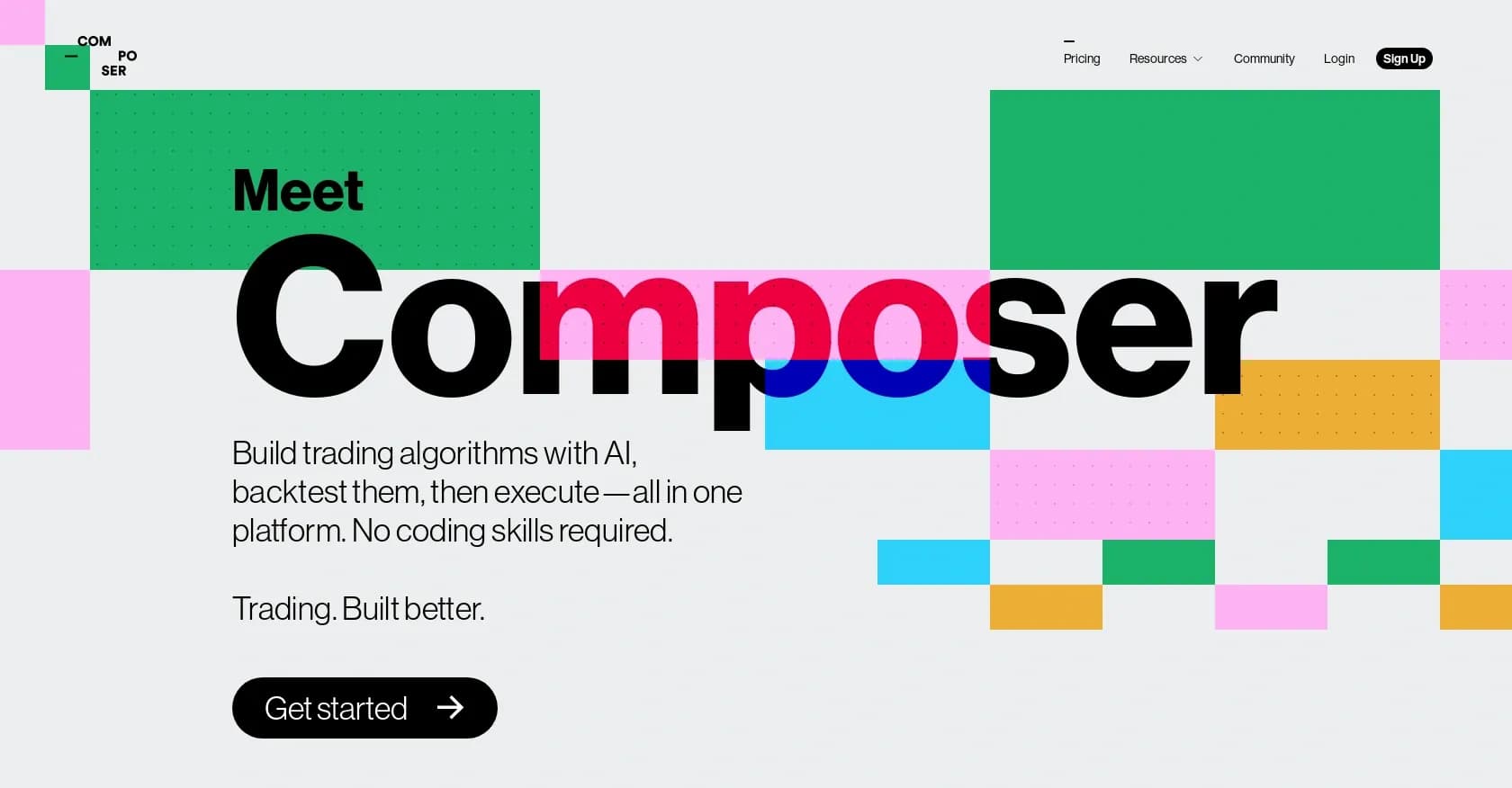 Composer Trade homepage screenshot — Customizable prebuilt strategies for trading.