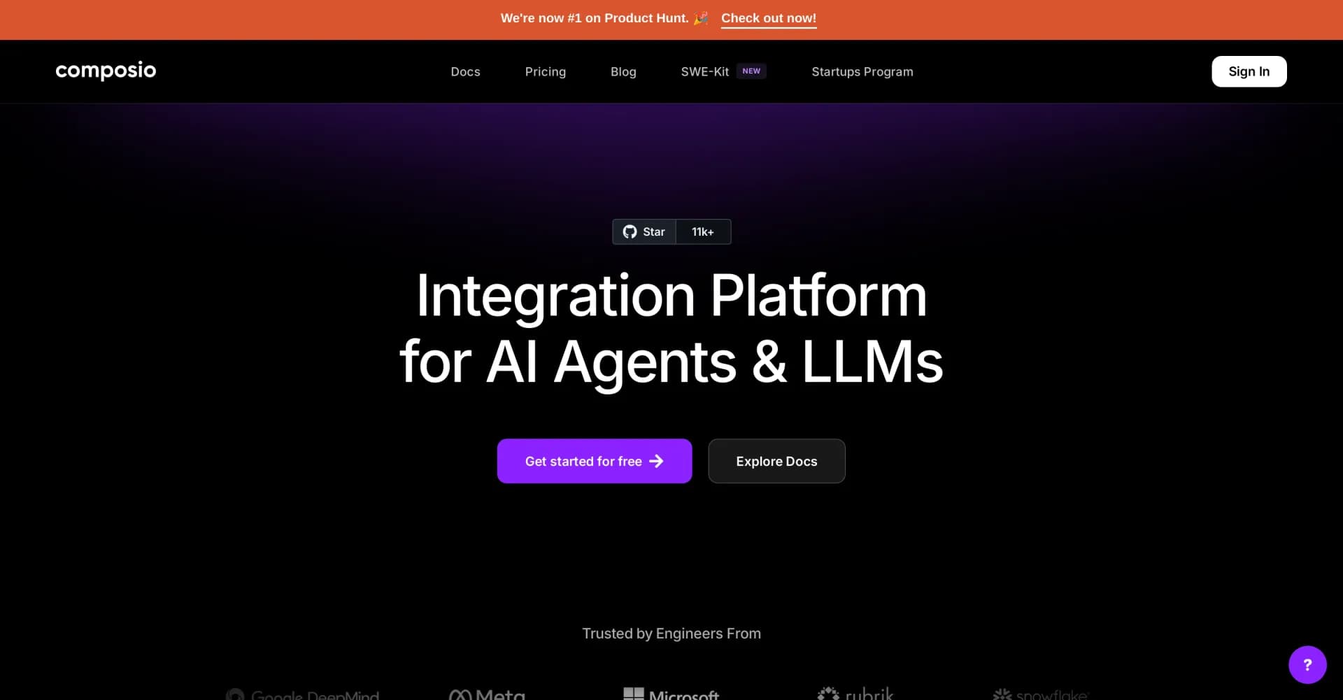 Composio homepage screenshot — Integrate AI agents & LLMs with 150+ tools in one line of co