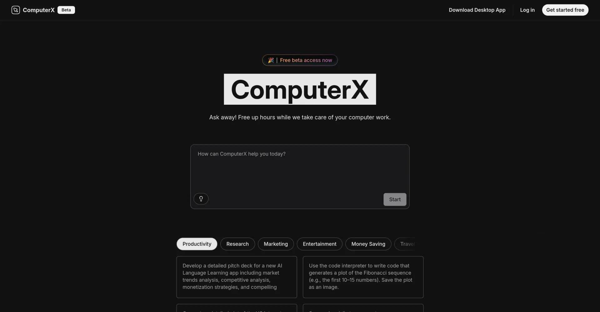 ComputerXv1.3.0 homepage screenshot — Your smart agent that handles your computer work