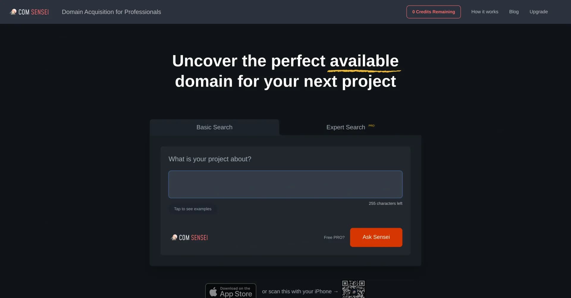 Comsensei homepage screenshot — AI-powered domain finder for your perfect website name.