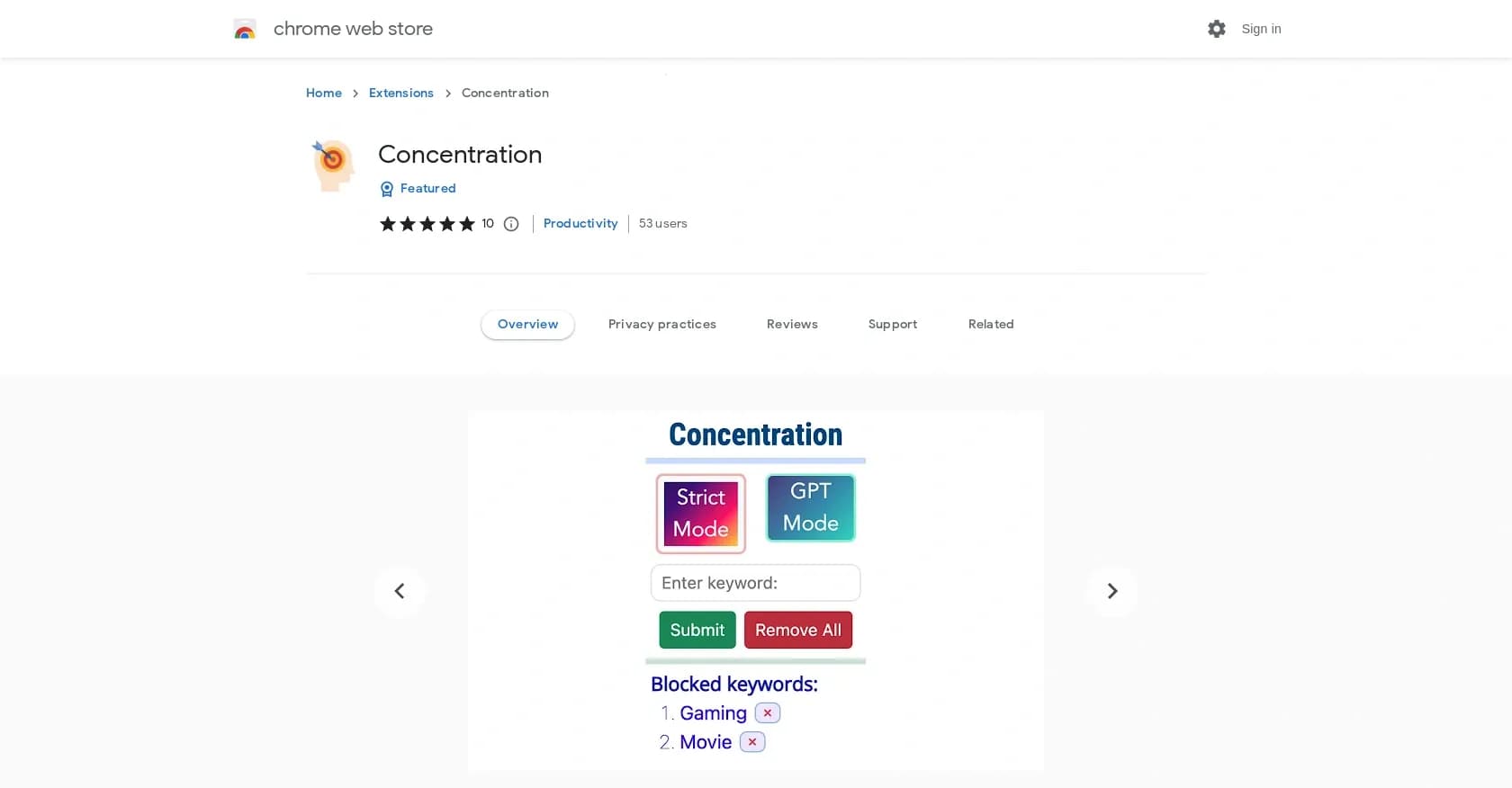 Concentration homepage screenshot — Blocks distracting websites on Chrome.