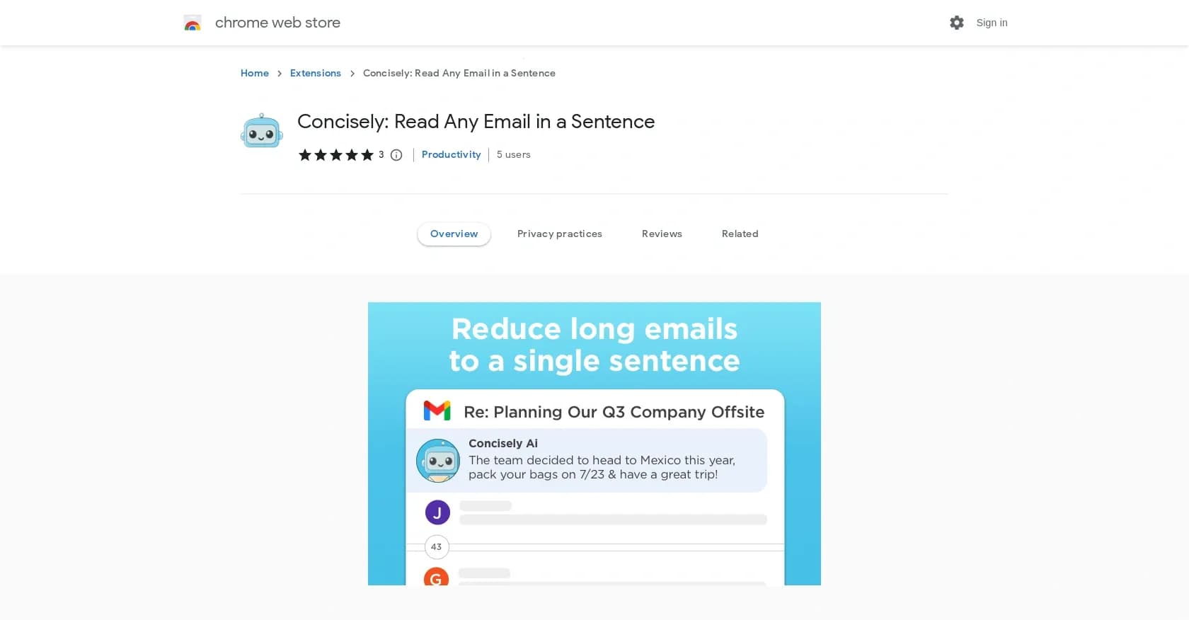 Concisely homepage screenshot — Email summarization for productivity.