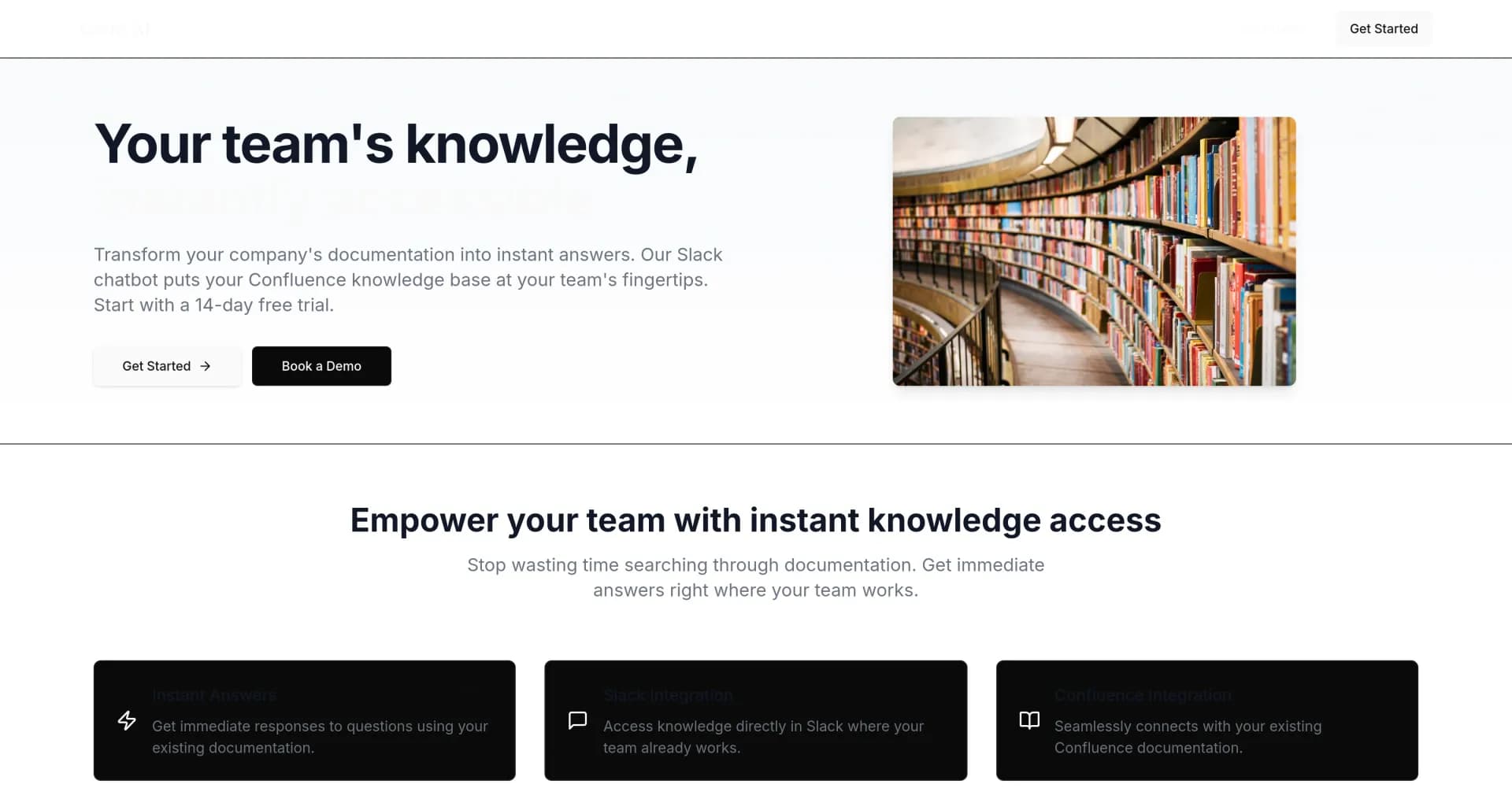 Confi AI homepage screenshot — Your team's knowledge, instantly accessible.