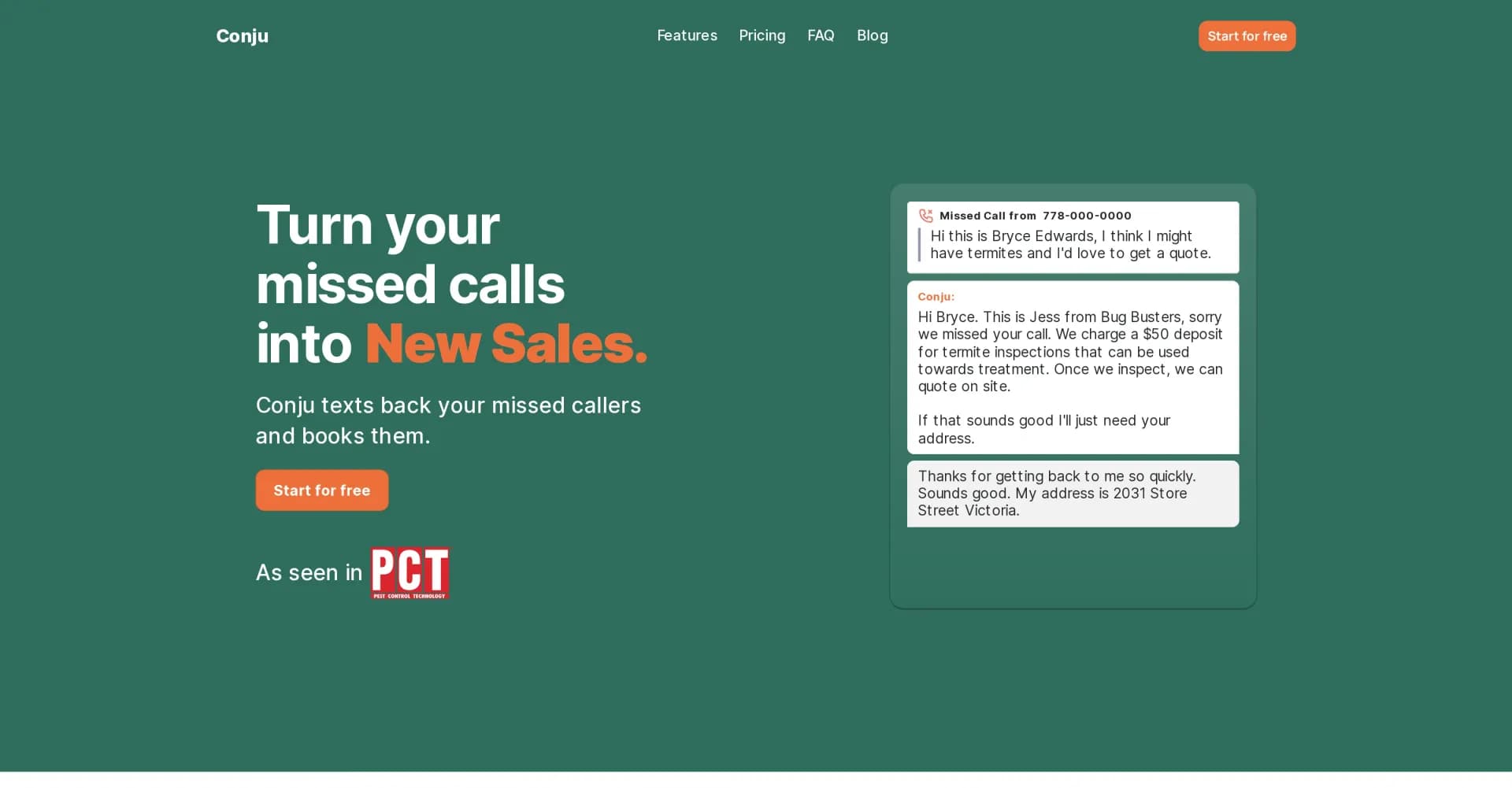 Conju homepage screenshot — Turn missed calls into new sales with AI