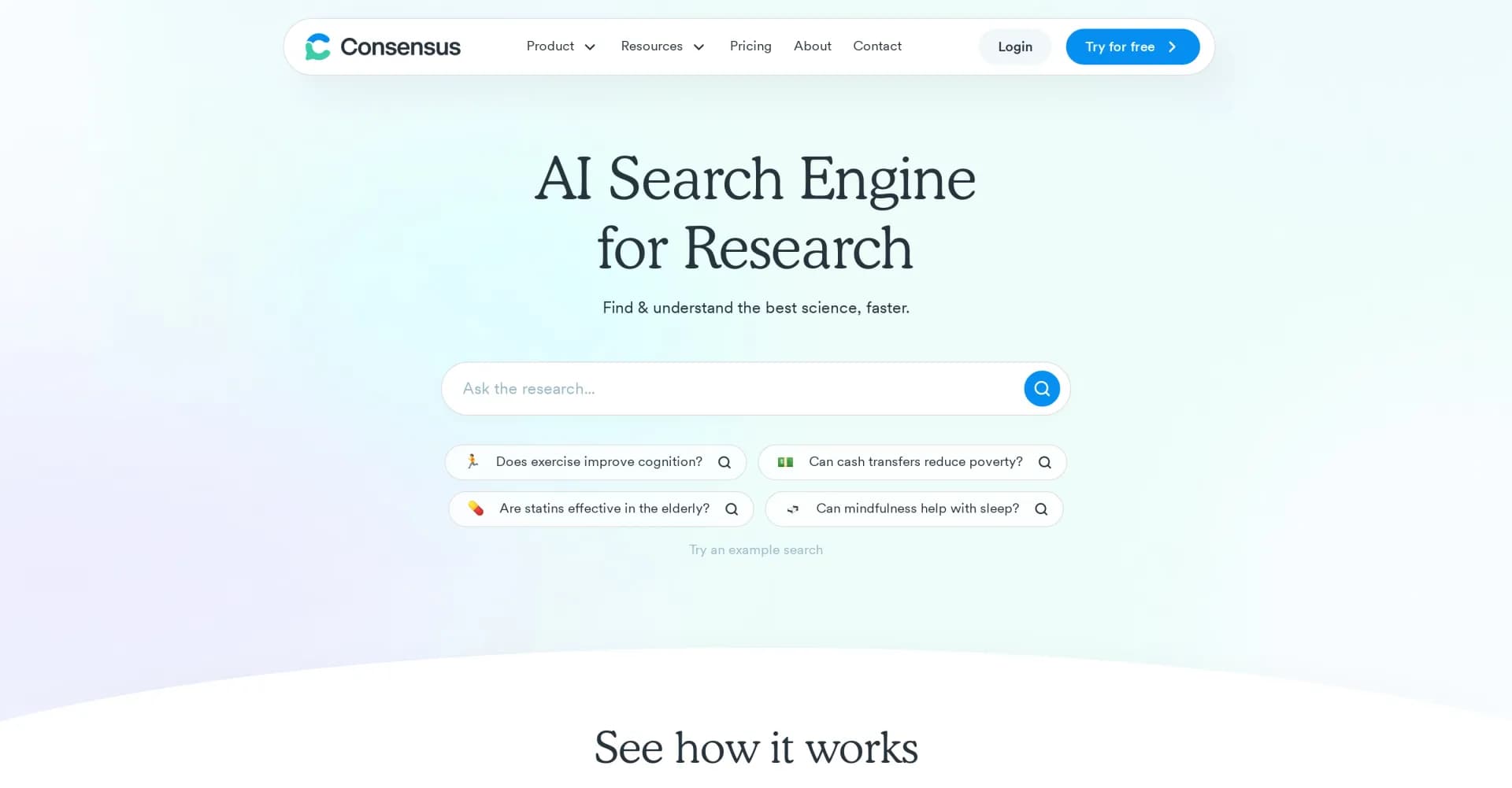 Consensus homepage screenshot — AI-powered academic search: find and understand science fast