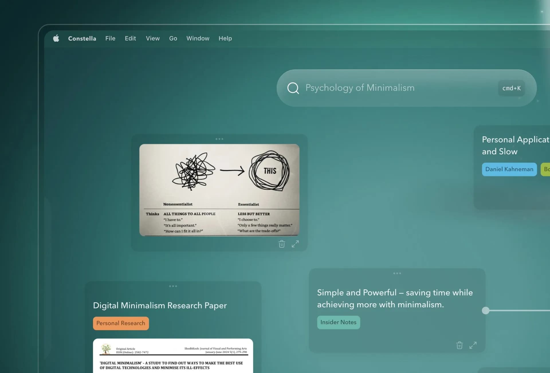 Constellav1.1.0 homepage screenshot — Forget files and folders, not your thoughts.