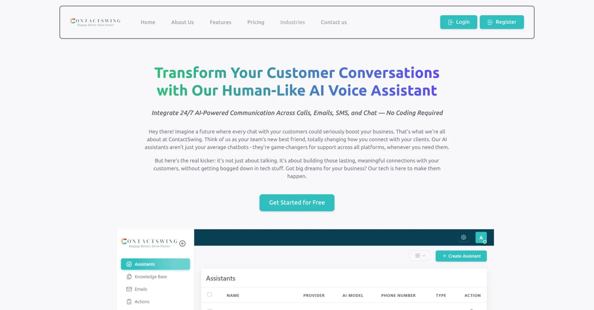 Contact Swing homepage screenshot — AI voices with human connection