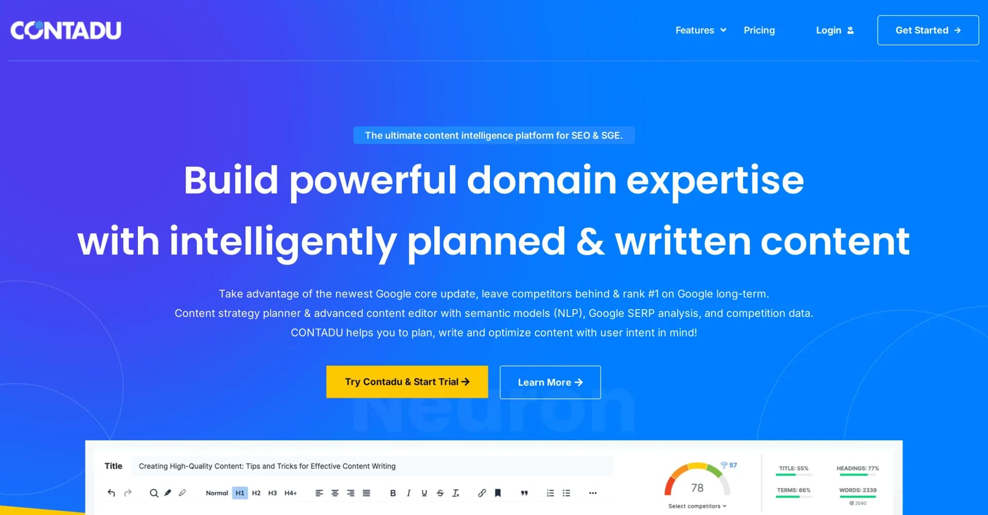 Contadu homepage screenshot — Plan and optimize Google-friendly content