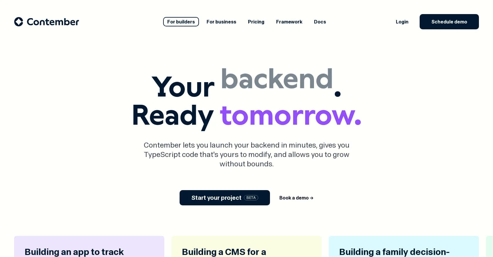 Contember homepage screenshot — Launch your backend in minutes, customize and scale endlessl