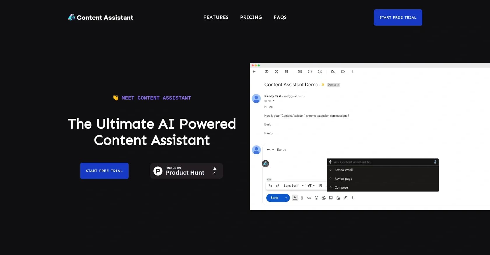 Content Assistant homepage screenshot — Supercharge your browsing with AI-powered content creation