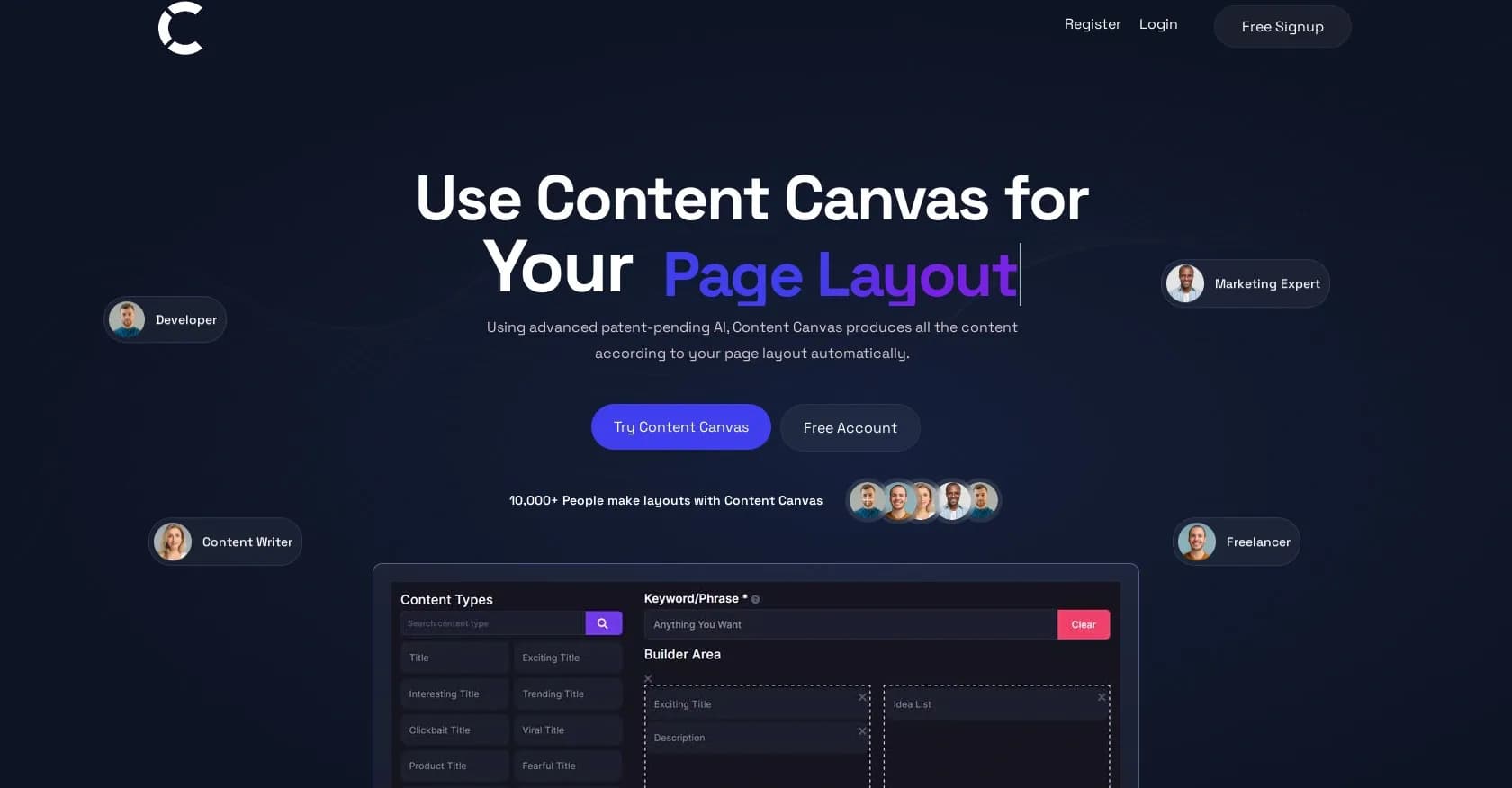 Content Canvas homepage screenshot — AI-powered content layout for web pages