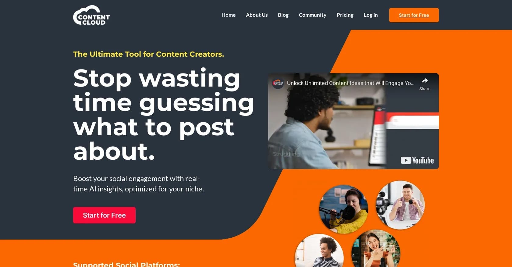 Content Cloud homepage screenshot — Boost audience growth with AI-driven content ideas
