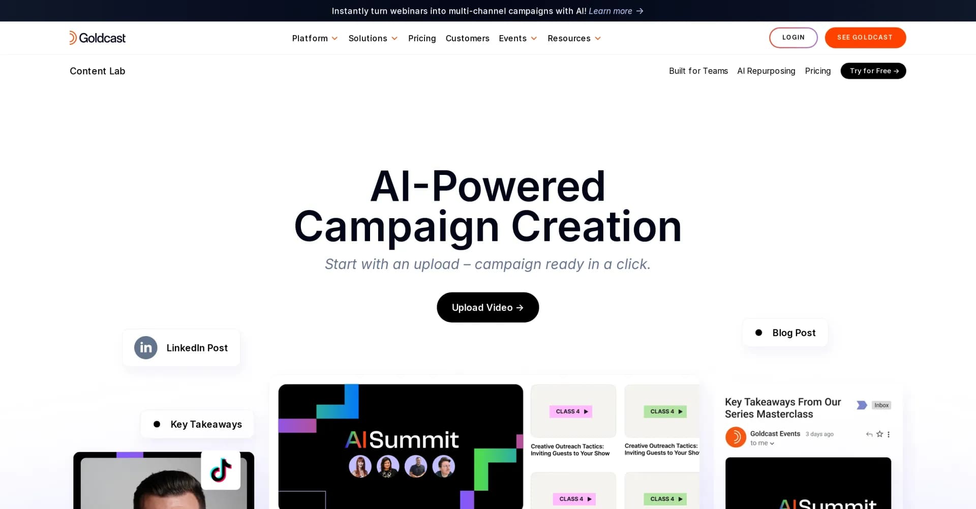 Content Lab homepage screenshot — Turn webinars into multi-channel campaigns with AI.