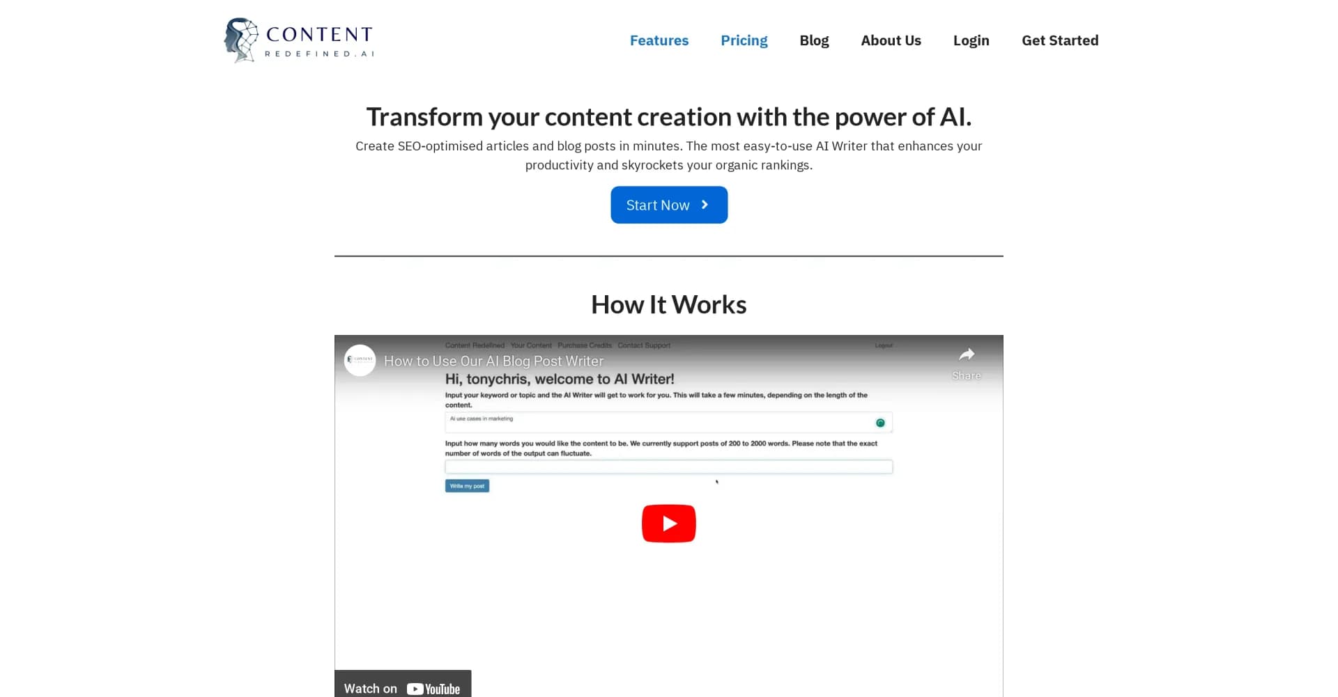 Content Redefined homepage screenshot — Create SEO-optimized content in minutes with AI