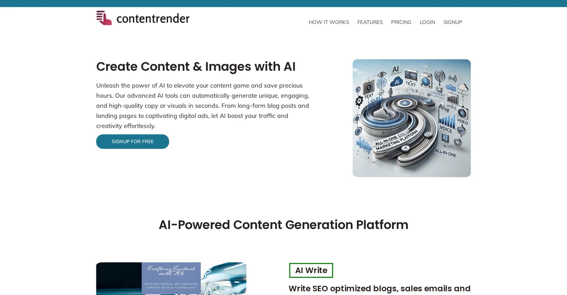 Content Render homepage screenshot — Create AI-powered content and images in seconds