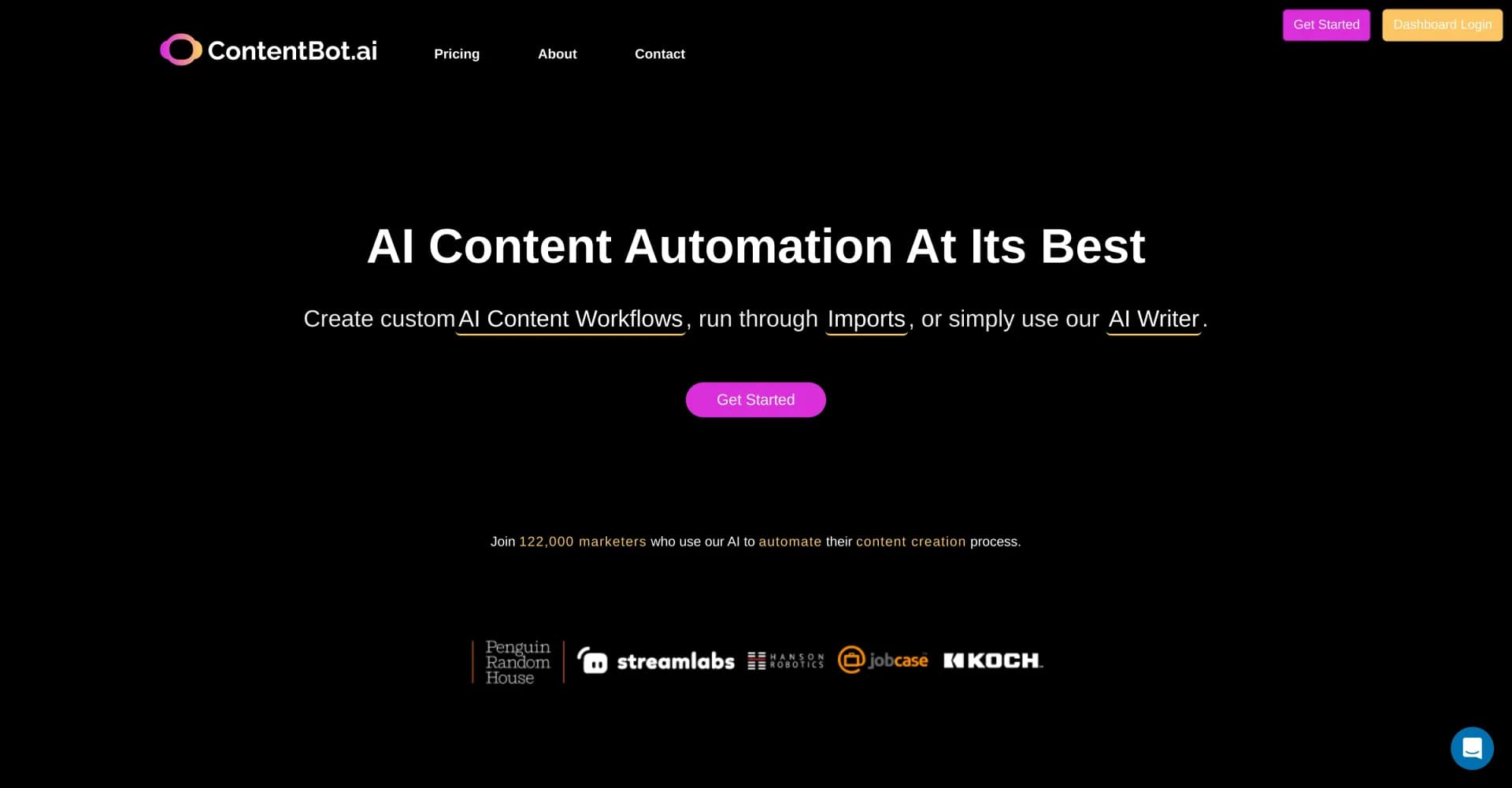 ContentBot homepage screenshot — AI-driven content automation for digital marketing