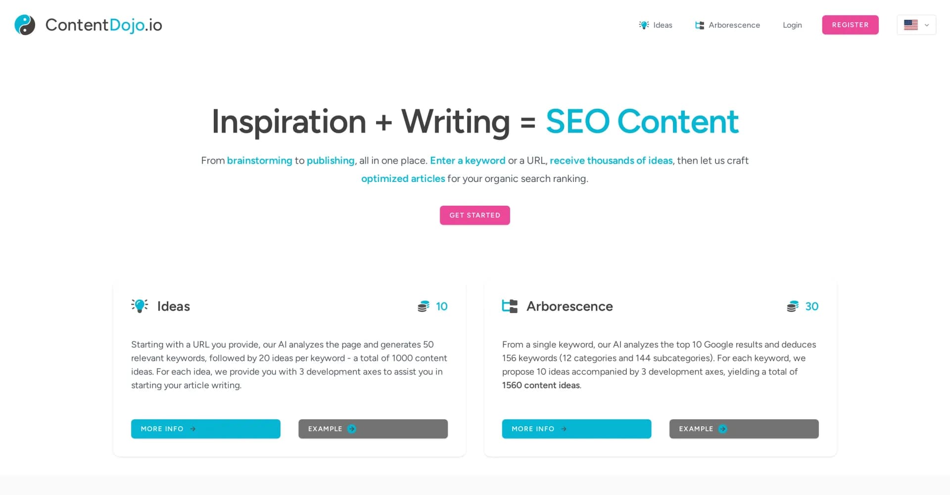 ContentDojo homepage screenshot — AI-powered content inspiration and SEO optimization.
